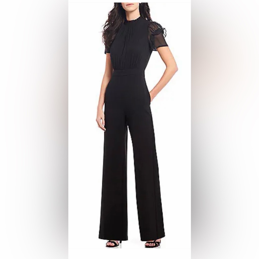 NWT DILLARDS Vince Camuto Sheer Sleeve Mock Neck Chiffon Black Jumpsuit